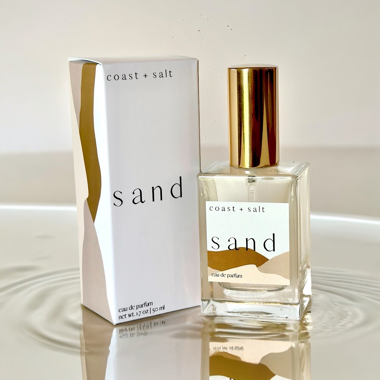 A bottle of Sand Perfume next to the Sand Perfume Retail Box. The box and the perfume bottle are sitting on top of rippling water in a brown hue.